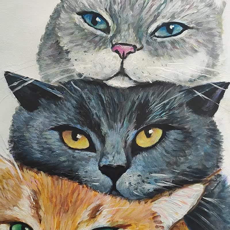 3匹の猫のアート 赤 黒 白 灰色 猫 オリジナル油絵 動物のアートワーク - ショップ SElenaVArt ウォールデコ・壁紙 - Pinkoi