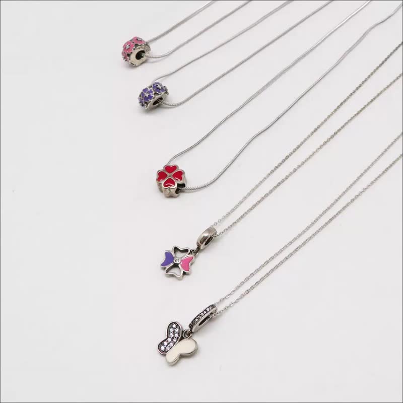 925 Silver Necklace Pink Purple Flower Heart Clover Butterfly - Necklaces - Sterling Silver Gray