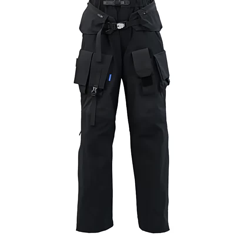 Pioneer design with multiple combination elements, multi-pocket water-repellent straight-leg legged trousers overalls - กางเกงขายาว - วัสดุอื่นๆ สีดำ