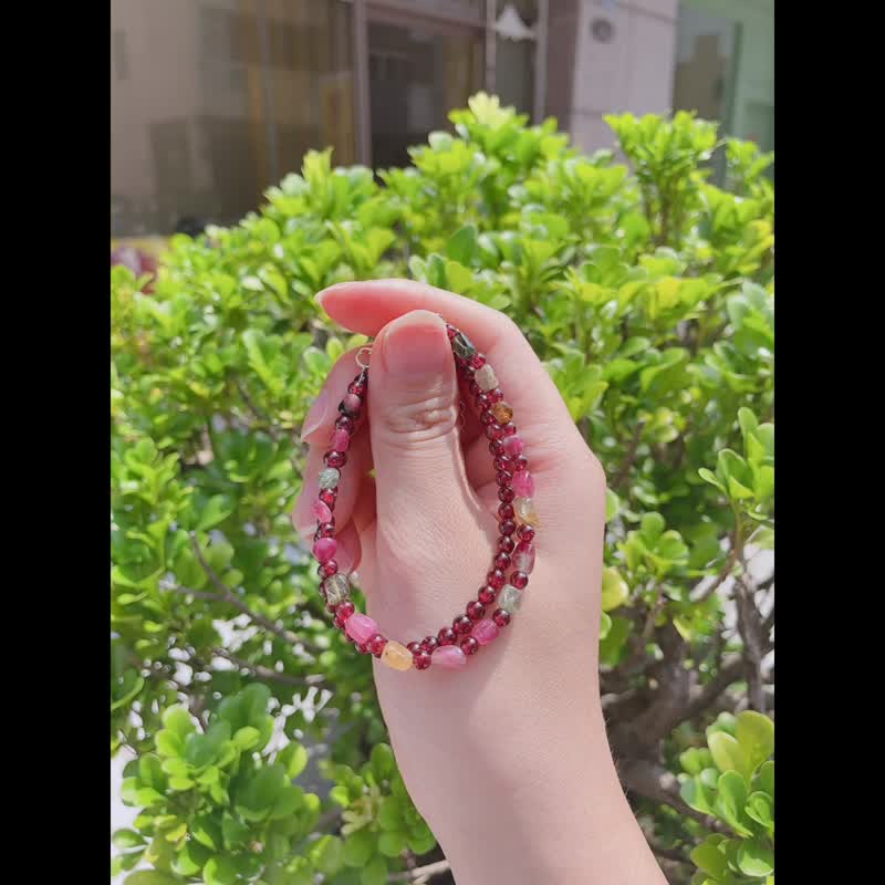 Berry Colorful | Natural Stone Tourmaline Stone Double Chain Bracelet Beaded Energy Bracelet Birthday Gift - Bracelets - Gemstone Pink