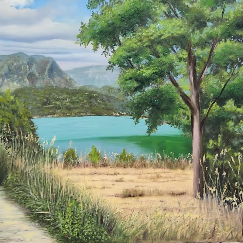 Lake Mountains and Forest Paiting Landscape Original Art Water Scene Artwork - 插畫/繪畫/書法 - 其他材質 