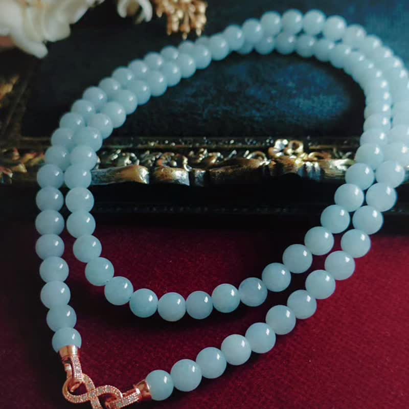 金運招来・神秘的な魅力・希少｜マカロンベビーブルー翡翠珠｜ミャンマー産A貨翡翠連珠ロングネックレス - ネックレス - 翡翠 