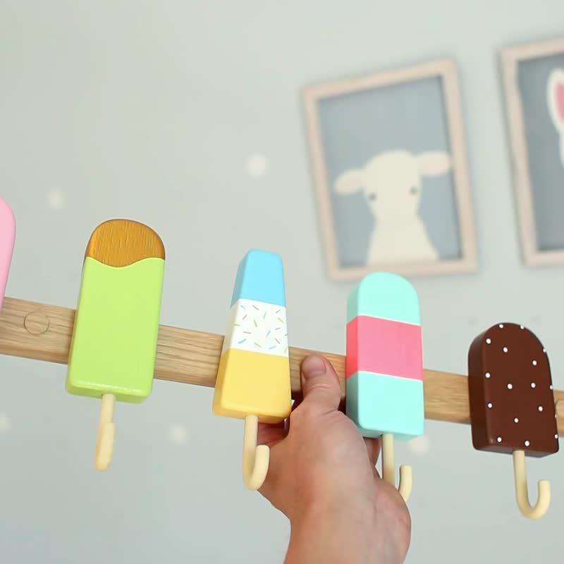 Wooden Wall Rack with Adorable Ice Cream-Shaped Hooks for a