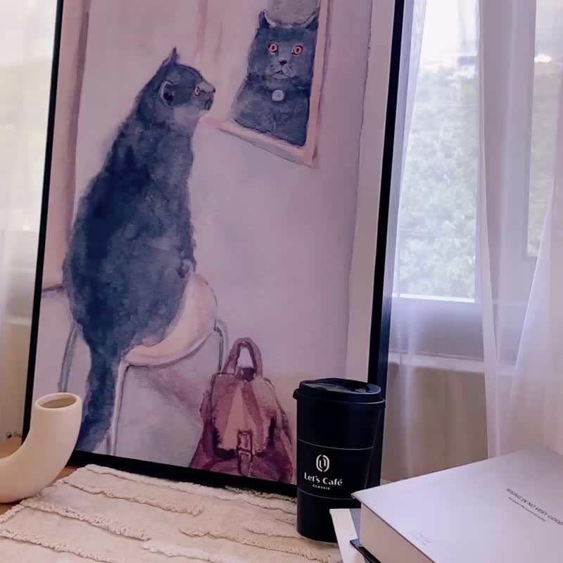 鏡の中の猫と猫-文清癒しの猫イラスト掛け絵/ペット掛け絵/寝室装飾絵 - ポスター・絵 - コットン・麻 グレー