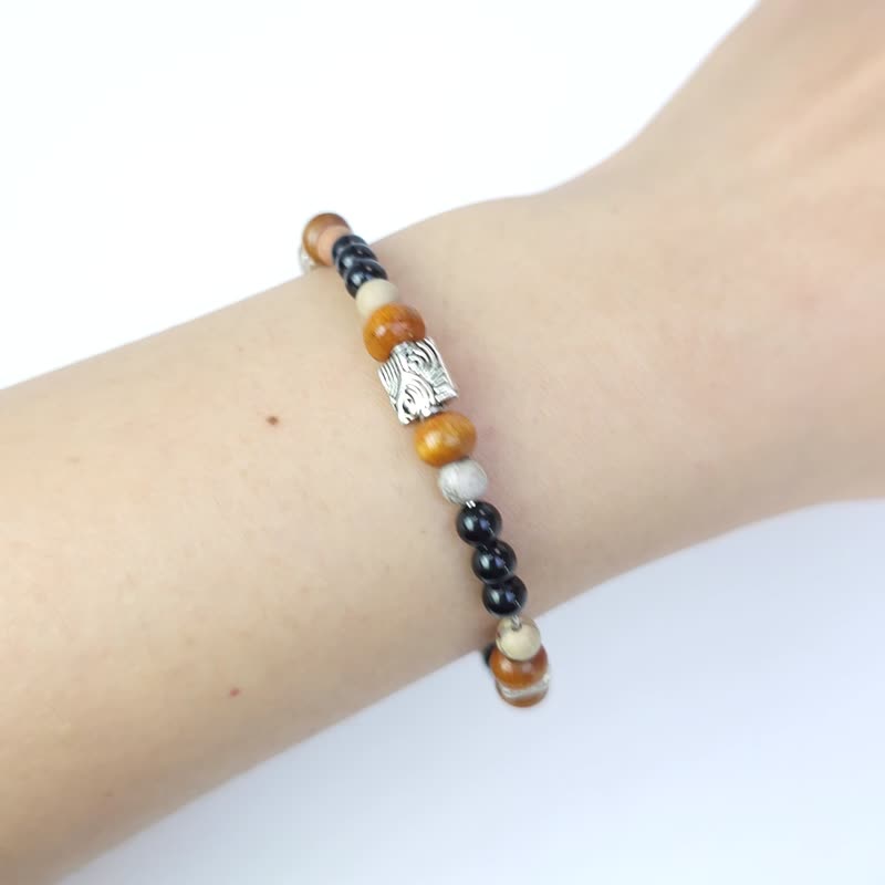 Obsidian Sandalwood (Natural Shoushan Stone/Sandalwood/Zinc Alloy (Silver)) (15-16cm) - สร้อยข้อมือ - หิน สีกากี