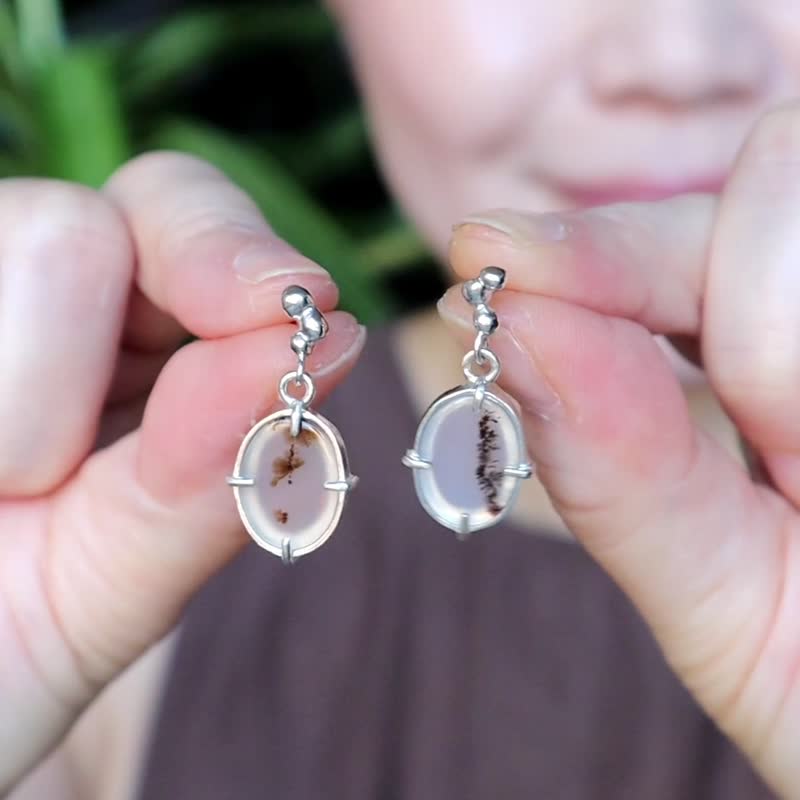 風景瑪瑙不對稱耳環-手作-純銀耳針 - 耳環/耳夾/耳骨夾 - 純銀 透明