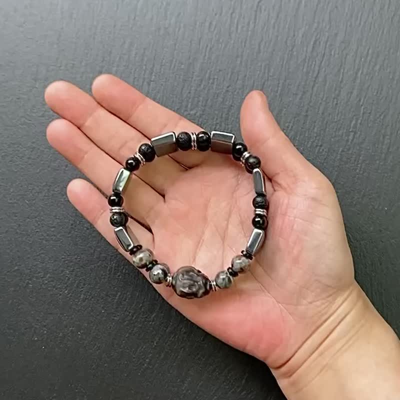 Metallic light sense-terahertz x flame Stone x volcanic rock x obsidian x ebony silver obsidian Stone turtle steel hand row - สร้อยข้อมือ - คริสตัล หลากหลายสี