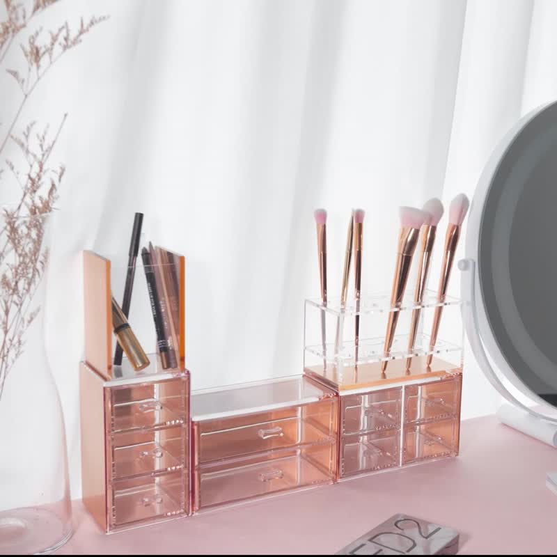 [Gift for girlfriend] Rose Gold/five-piece storage set (pen holder + brush holder + two + three + four drawers) - Storage - Acrylic Gold