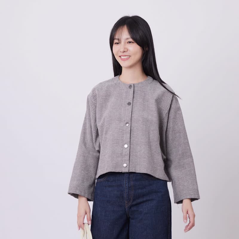 Elaine Open-Front Herringbone Jacket / Gray Brown - เสื้อแจ็คเก็ต - ผ้าฝ้าย/ผ้าลินิน สีกากี