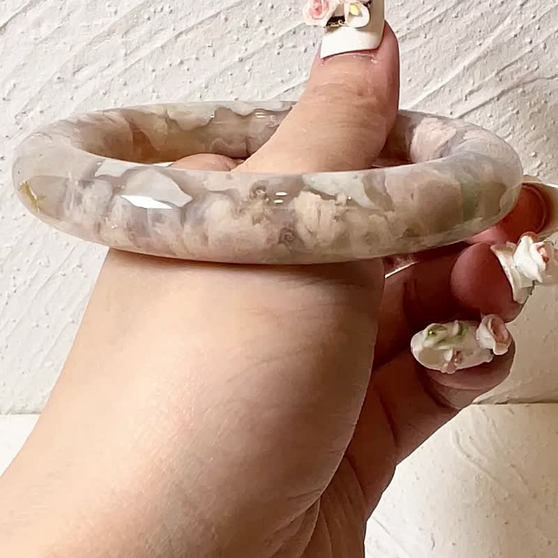 Cherry Blossom Agate Bracelet Agate Bracelet Beautiful vegetable garden double-sided full flower ice bottom floating green garden strip bracelet 56-57 - สร้อยข้อมือ - หยก 