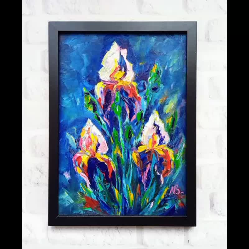 Irises Oil Painting Summer Flower Original Art Floral Framed Painting - ตกแต่งผนัง - วัสดุอื่นๆ สีน้ำเงิน