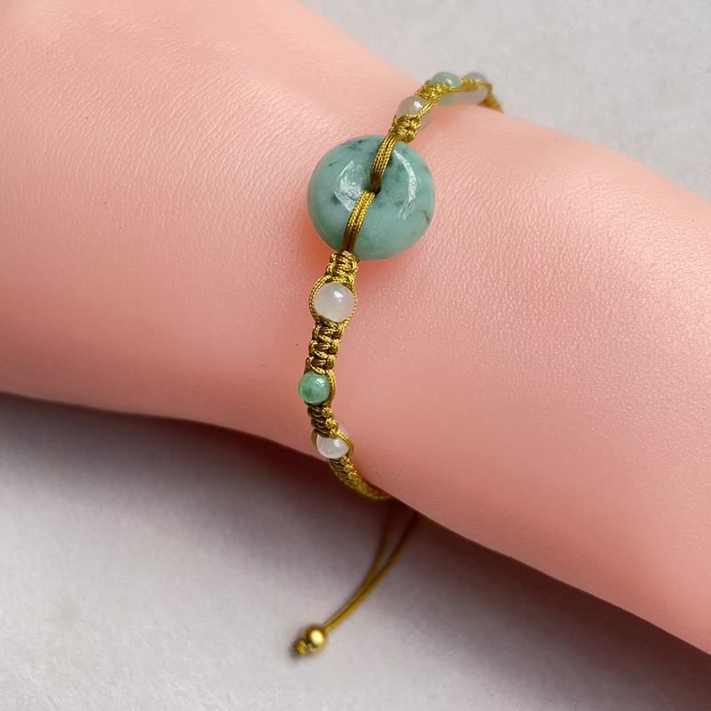 Ice waxy green jadeite peace buckle woven bracelet | Natural Burmese jade jade A goods - สร้อยข้อมือ - หยก สีเขียว