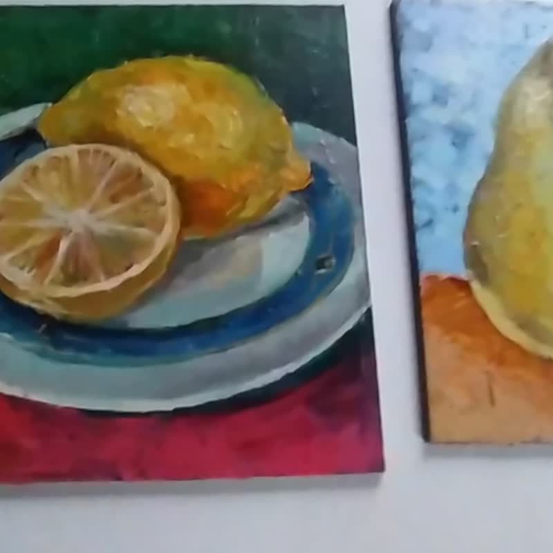 Pear Painting Fruit Set of 4 paintings Lemon Oil Orange 15 by 15 Kitchen Decor - โปสเตอร์ - วัสดุอื่นๆ หลากหลายสี