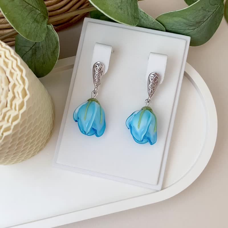 Women's Silver Earrings With Murano Glass Flowers / Rhodium Sterling Silver 925 - Earrings & Clip-ons - Sterling Silver Blue