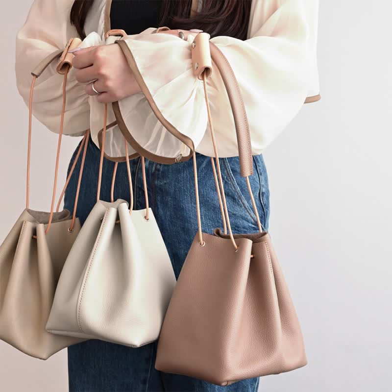 巾着バッグ 【 シュリンクレザー 】 本革 レザー 姫路レザー バッグ 鞄 HS79K - 手提包/手提袋 - 真皮 咖啡色