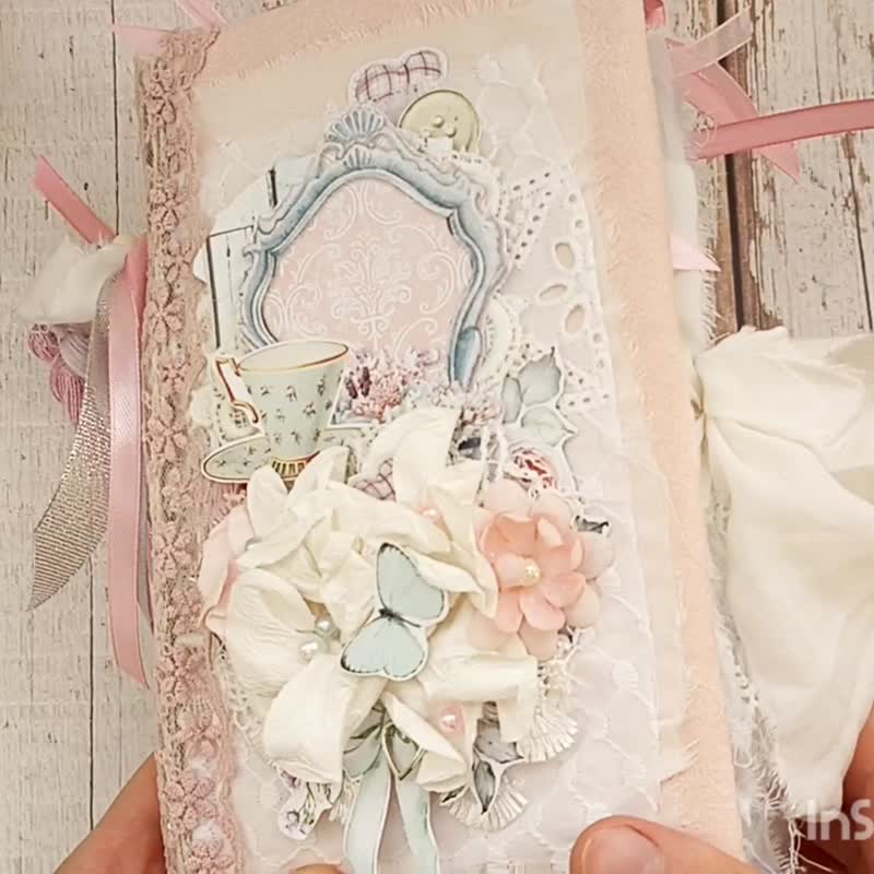 Lace wedding junk journal handmade Elegant roses dairy Large bridal notebook - สมุดบันทึก/สมุดปฏิทิน - กระดาษ ขาว