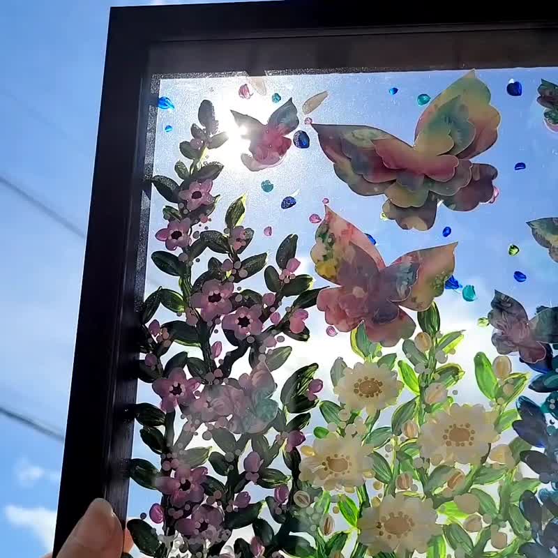 【受注生産/花庭散歩/紫蝶々】　透明アート　影絵　インテリア　花　蝶々　オブジェ - 海報/掛畫/掛布 - 壓克力 紫色