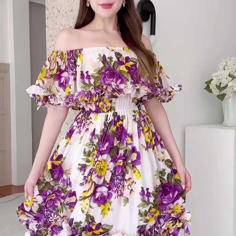 BOHO LONG MAXI DRESS, PREGNANCY MAXI DRESS, FLORAL OFF THE SHOULDER MAXI DRESS - 洋裝/連身裙 - 棉．麻 紫色