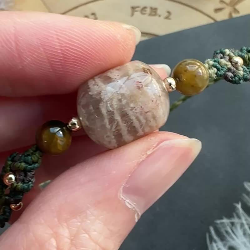 BB180 民族風 蠟線編織 幽靈水晶 長石珠 手環 (可調長度) - 手鍊/手鐲 - 寶石 綠色