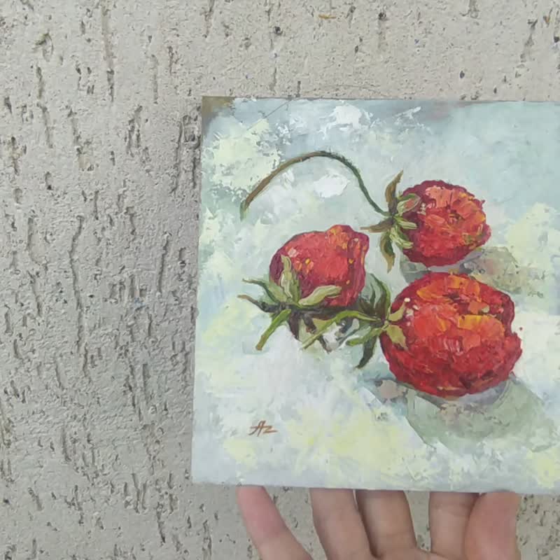 Strawberry Painting Three Berries Original Art Berry Still life Oil Red Berry - โปสเตอร์ - วัสดุอื่นๆ สีแดง