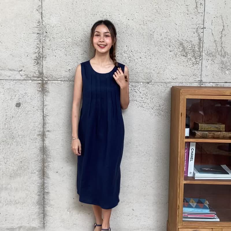 Natural Linen Midi Dress with Decorative Pin Tucks Technique - Navy Blue - One Piece Dresses - Linen Blue