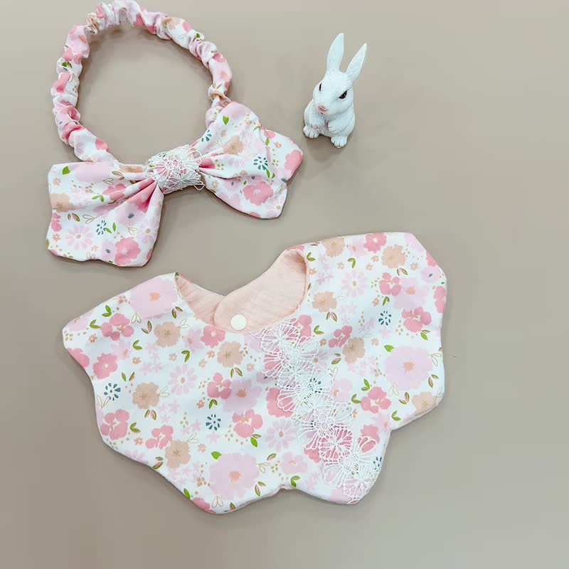 小花園 彌月禮盒 寶寶髮帶 寶寶圍兜 滿月禮 新生兒禮物 - 口水肩/圍兜 - 棉．麻 粉紅色