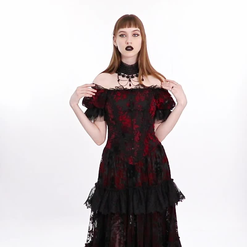 古堡魔法師印花禮服連身裙 - 紅 / 黑 - 洋裝/連身裙 - 其他材質 黑色