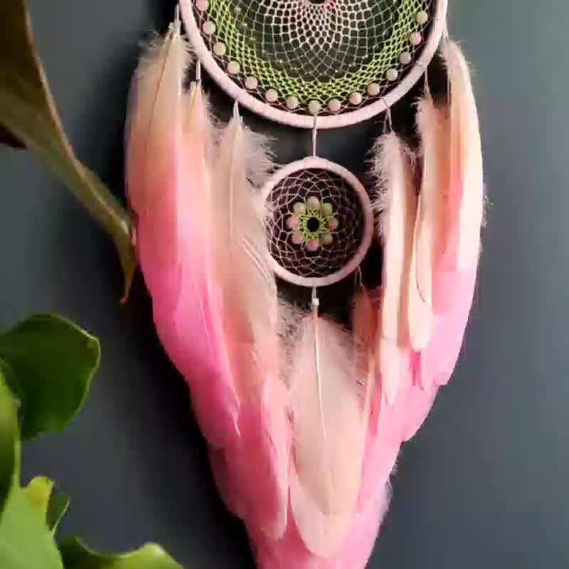 Pink spring green dream catcher for girl | Sakura blossom wall decor for bedroom - Wall Décor - Thread Pink