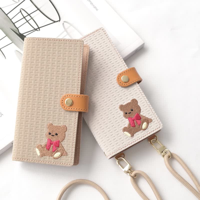 全機種対応 スマホケース 手帳型 編み柄 【 刺繍 テディベア 】 ゴールドパーツ スマホショルダー 落下防止 くま A294I - 手機殼/手機套 - 真皮 咖啡色