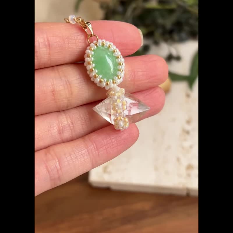 澳洲玉 白水晶 串珠吊墜 配 寶石鎖骨鏈 - 項鍊 - 半寶石 綠色