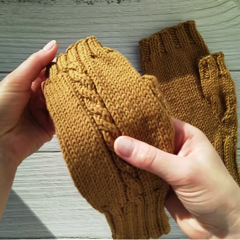 Knit fingerless gloves brown, Computer warm gloves, Mittens for women,  聖誕禮物包裝 - Gloves & Mittens - Wool Brown