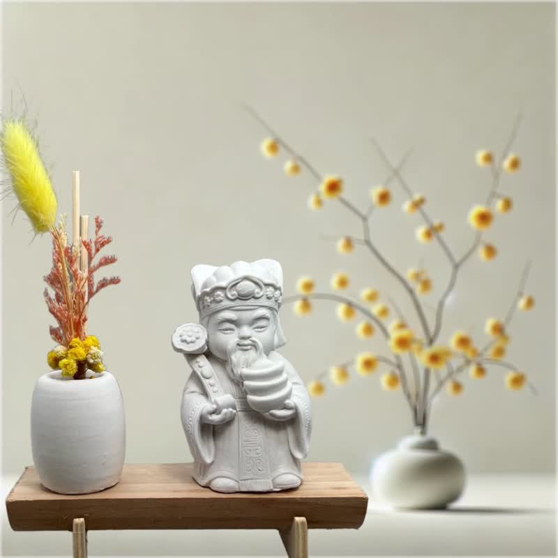 文青簡約風 淨念吉祥之財神爺/土地公 原木底座系列 搭配永生花瓶 - 香氛/精油/擴香 - 水泥 白色