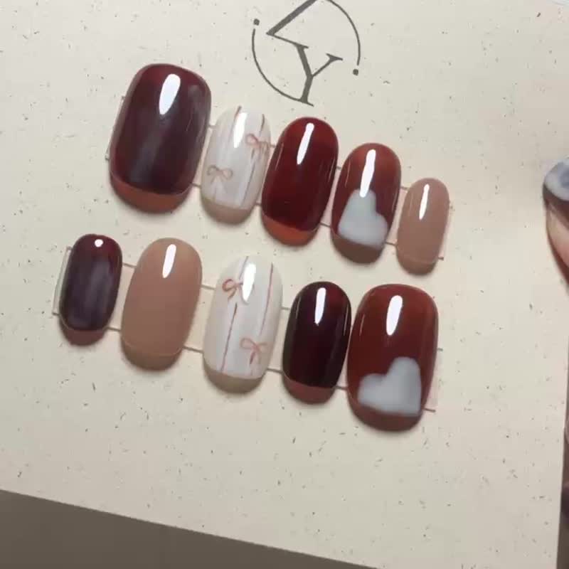 【オーダー】NO.028 モカのリボン | ハンドメイドネイルチップ - マニキュア・ネイル - その他の素材 ブラウン