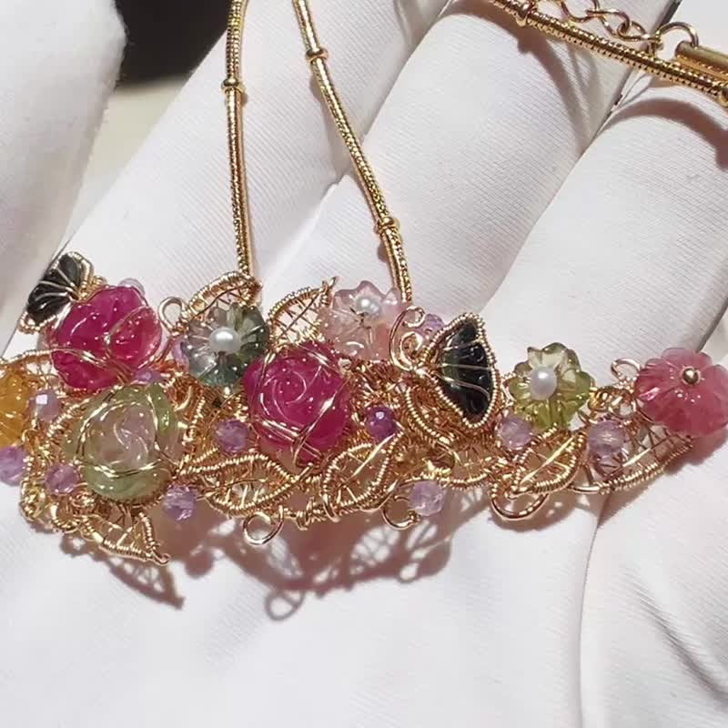 Pure hand-made 14K gold wrapped yarn high quality tourmaline flower brooch penda - Brooches - Gemstone Multicolor