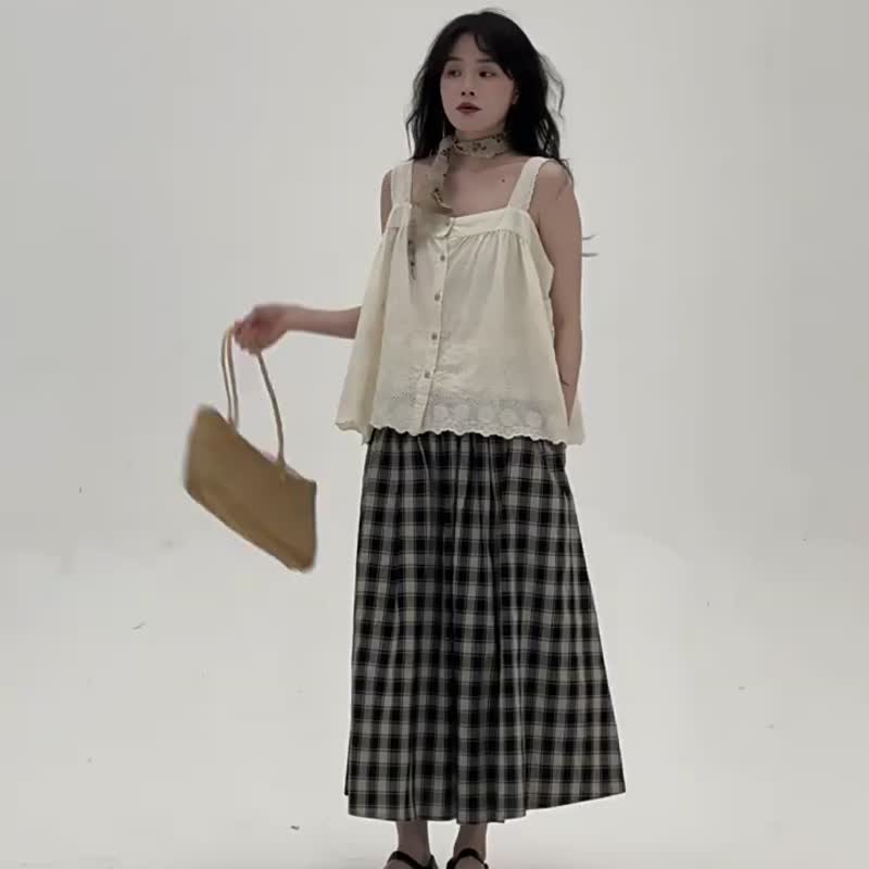 2顔色 日系文藝風格子半裙 復古格紋高腰A字中長裙 - 裙子/長裙 - 棉．麻 黃色