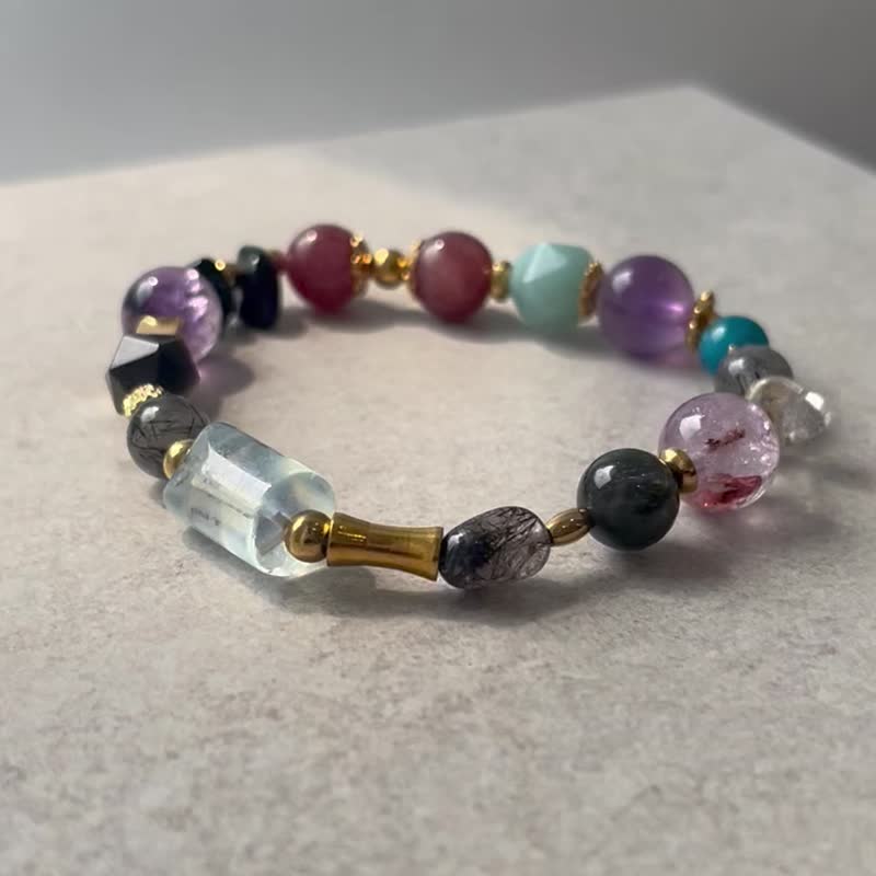 Aquamarine Purple Ghost Stone Black Hair Crystal Obsidian Stone Natural Crystal Bracelet - Bracelets - Crystal 