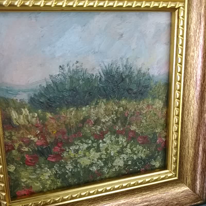 Field Landscape Oil Painting,Framed Art,Wildflowers Original Painting,Wall Decor - ตกแต่งผนัง - วัสดุอื่นๆ สีเขียว