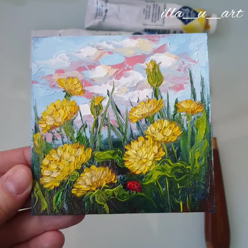 Dandelions Painting Ladybug Original Art Wildflower Wall Art Small Oil Painting - 壁貼/牆壁裝飾 - 其他金屬 黃色