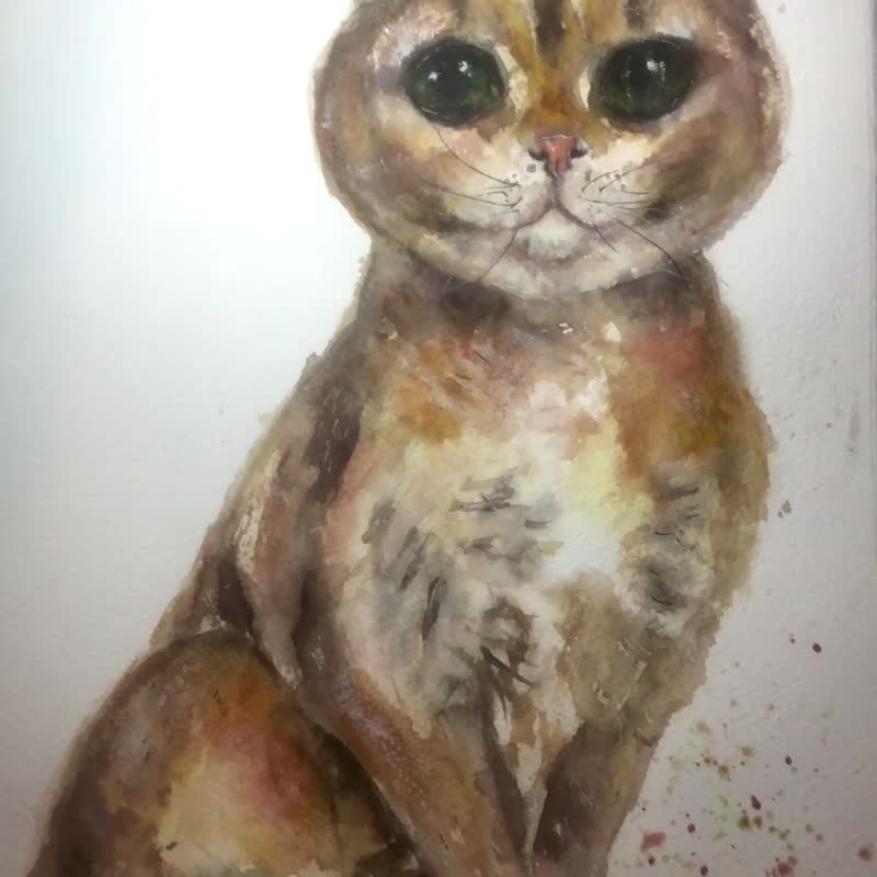 Scottish Fold Cat Watercolor – Original 28x38 cm Pet Portrait, Hand-Painted Cat - 壁貼/牆壁裝飾 - 紙 咖啡色