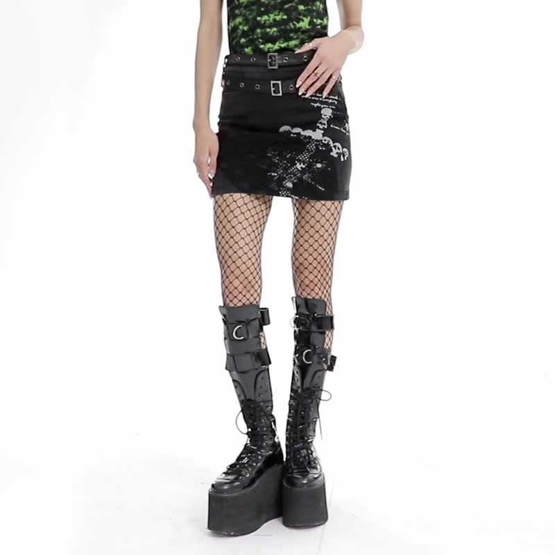 Punk Day of the Dead cross hip skirt/with belt/last piece - Skirts - Other Materials Black