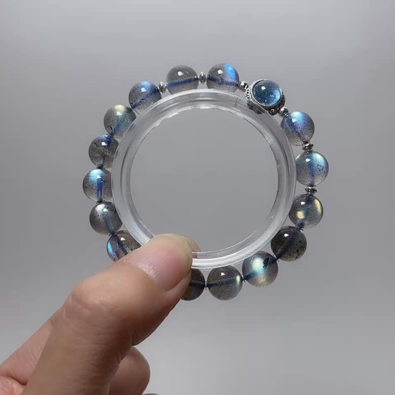 頂級 拉長石 9.5 mm 聖瑪利亞海藍寶 925純銀 手鍊 - 手鍊/手環 - 寶石 透明