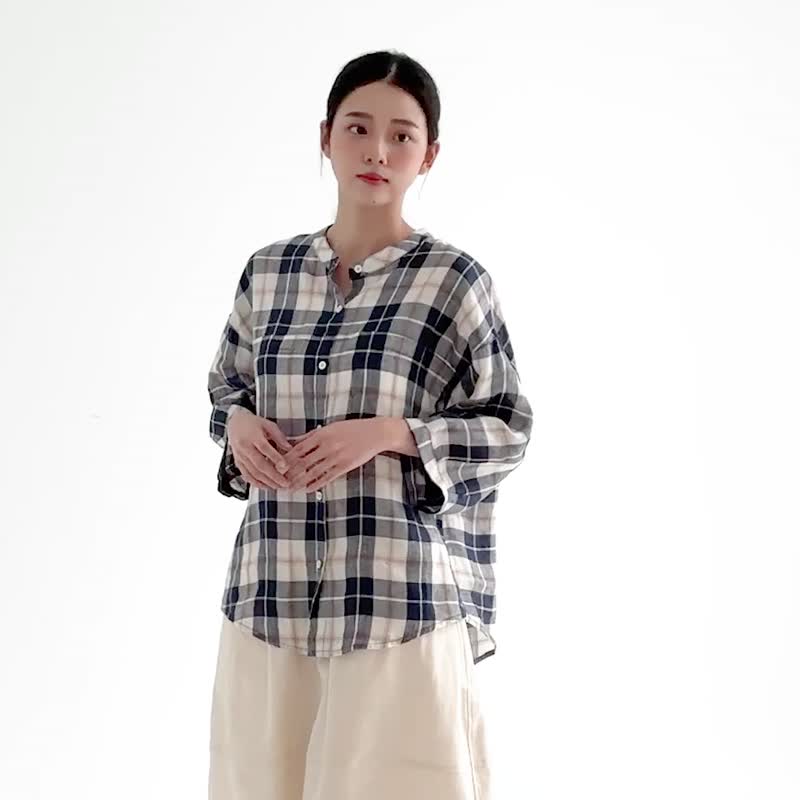 【Simply Yours】Platform Linen Shirt Blue F - Women's Shirts - Cotton & Hemp Blue