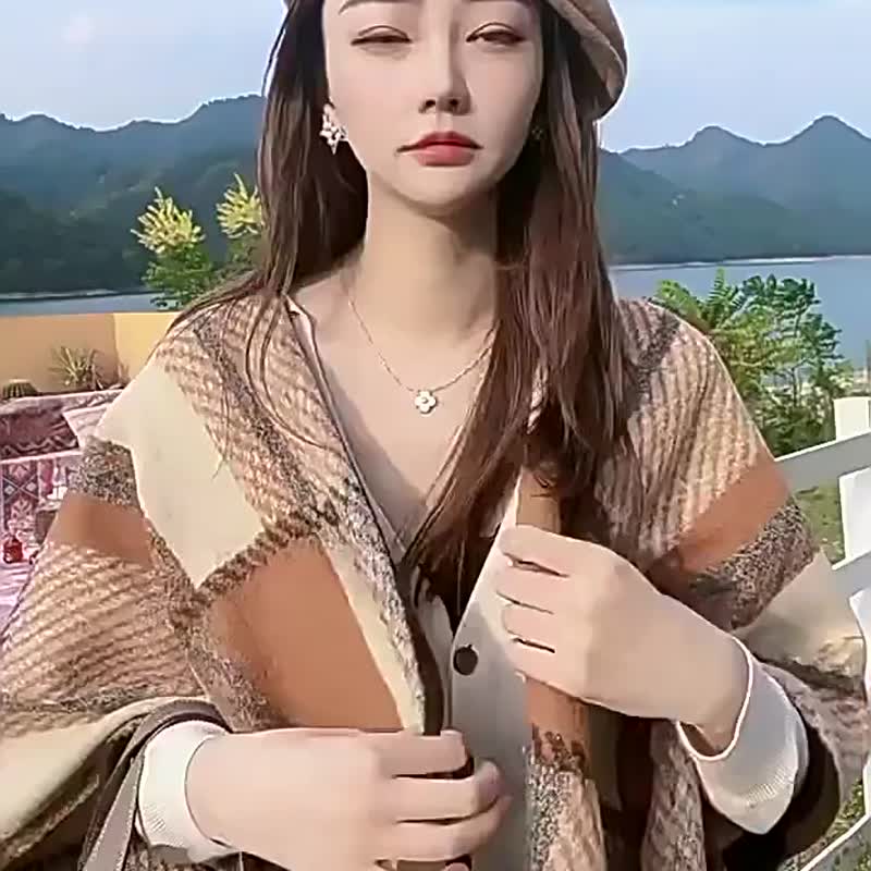 マラードスタイルチェック柄ショール、洗練された雰囲気で着回し自在。フリンジ付きアウターマフラー、レディース冬物。 - マフラー・ストール - その他の素材 