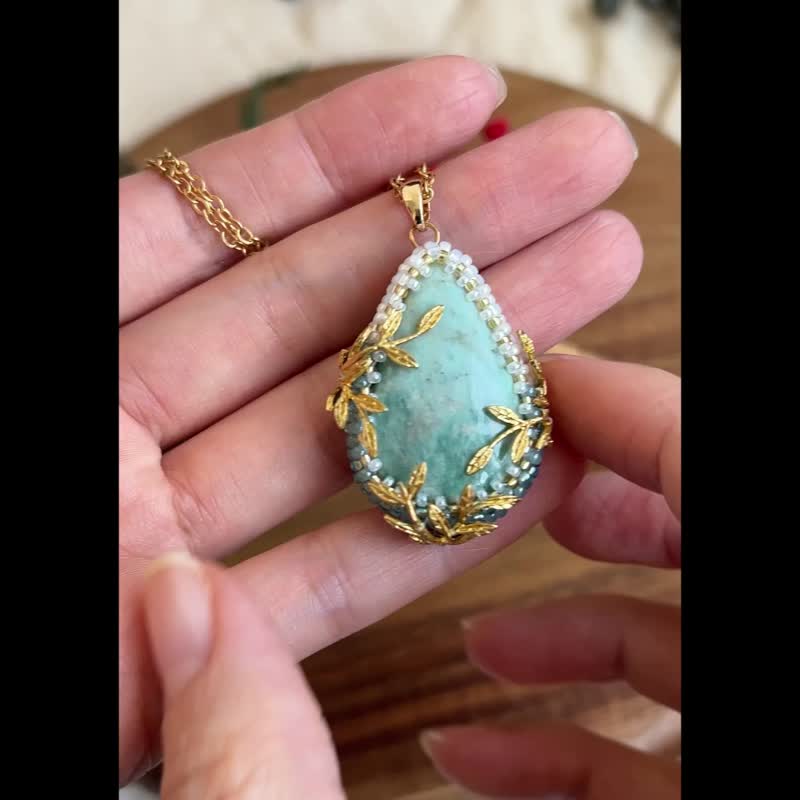 天河石 玻璃米珠x天然石 串珠吊墜 配寶石鏈 - 項鍊 - 水晶 藍色