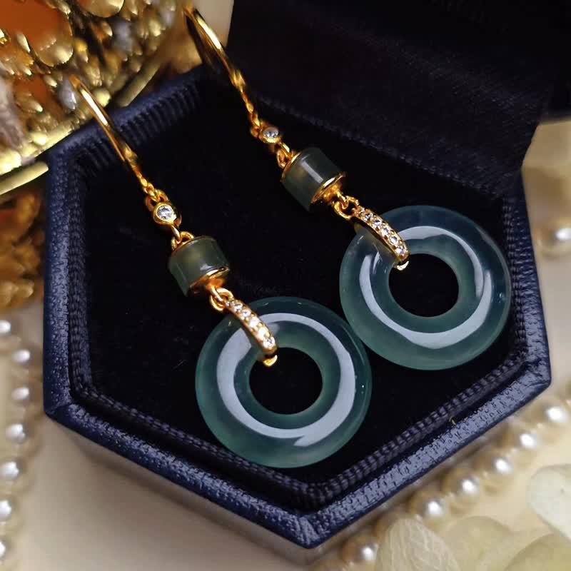 招財•順心•圓滿•平安|冰玻藍水大甜甜圈|A貨翡翠純銀耳環耳勾 - 耳環/耳夾/耳骨夾 - 玉石 