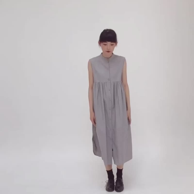 Mandarin Collar Sleeveless Dress - Gray - 洋裝/連身裙 - 棉．麻 黑色