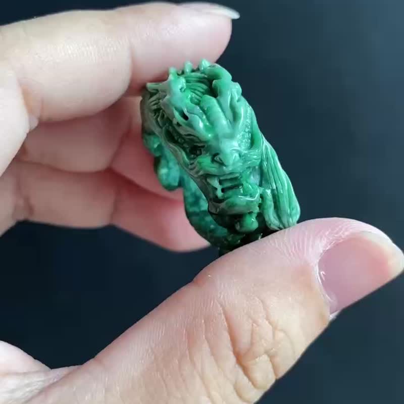 天然翡翠 手工龍戒 危地馬拉 雕刻戒指 內徑20.3mm 父親節 ring - 戒指 - 玉石 綠色