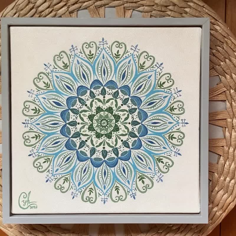 Customized Mandala painting Soul Seed 2 with gray selected frame 20x20 cm - โปสเตอร์ - ผ้าฝ้าย/ผ้าลินิน สีนำ้ตาล