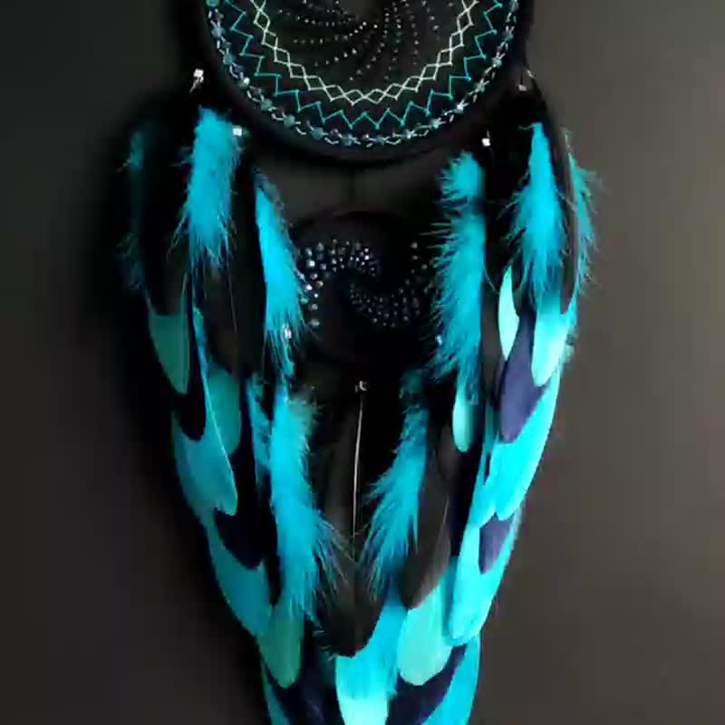Black navy dream catcher with sparkling beads, Fractal wall decor - 壁貼/牆壁裝飾 - 玻璃 黑色