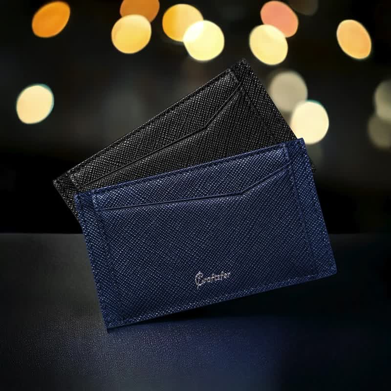 [Patented] RFID Italian Cross Pattern Series V Slim Six Genuine Leather Card Holder (Black) - ที่เก็บนามบัตร - หนังแท้ สีดำ